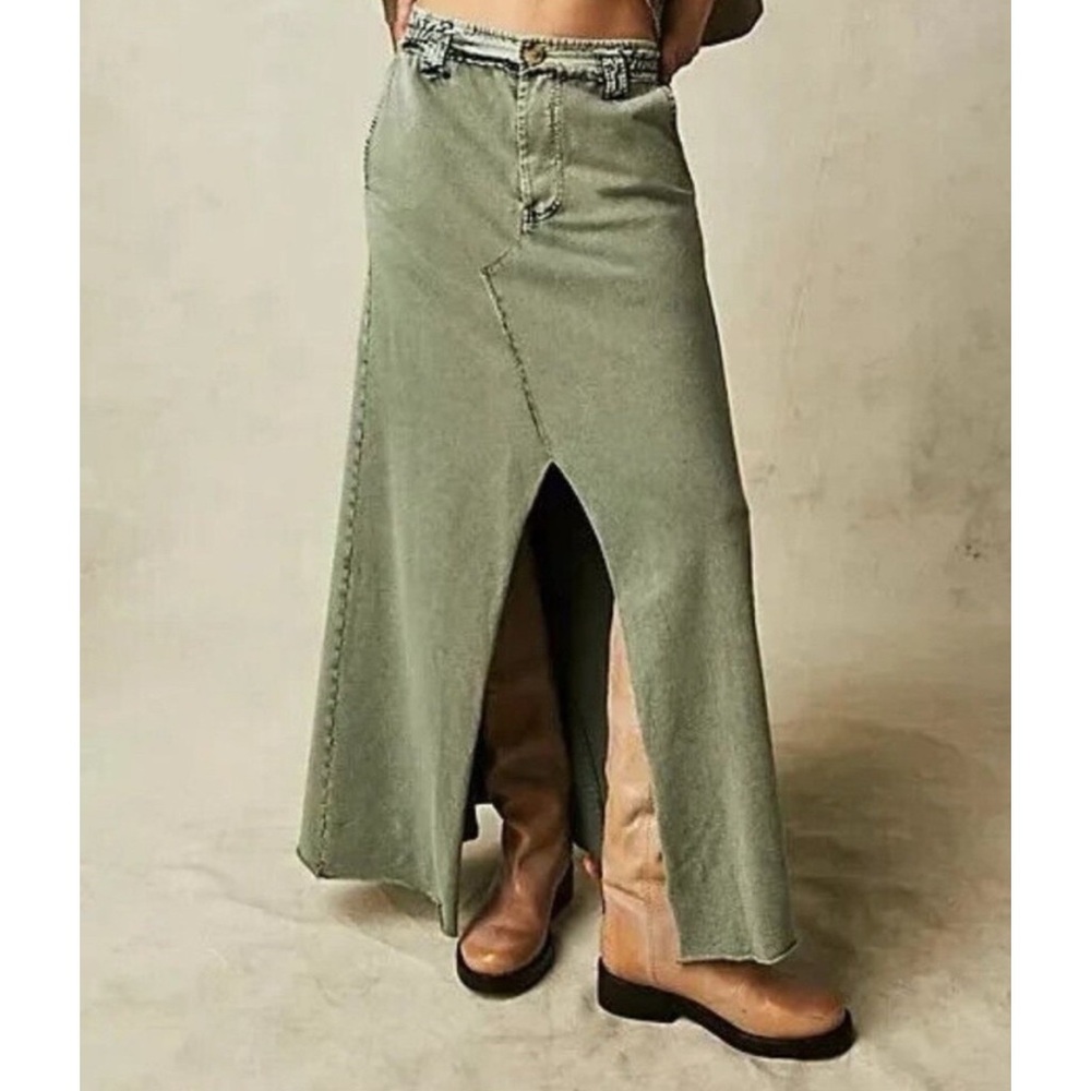Free People One Kona Maxi Long Skirt S/P Green Western Boho 90s Grunge Stretch